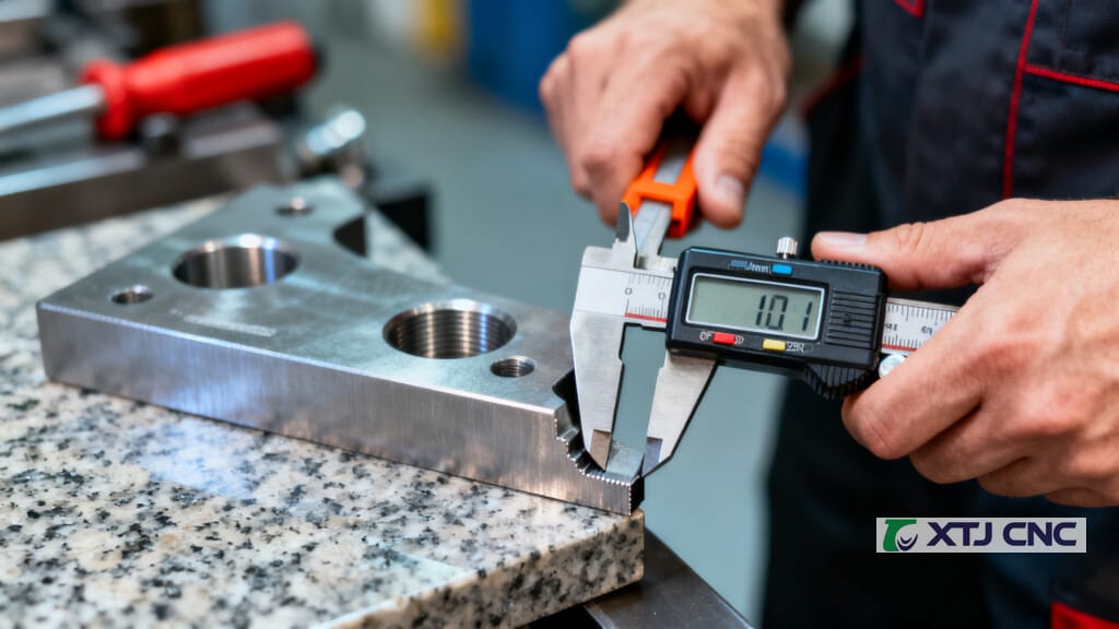 Machinist measuring a milled part with calipers