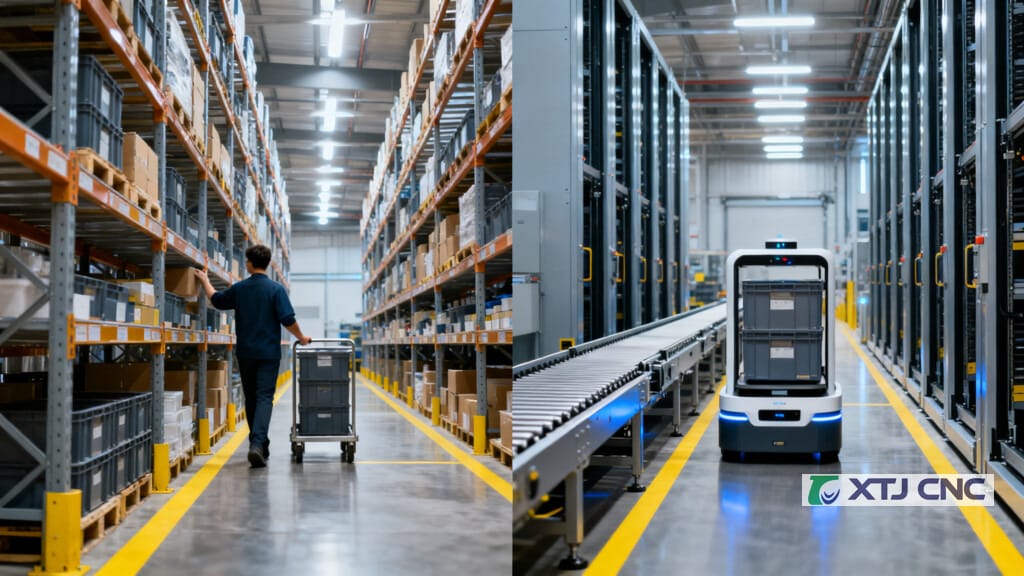 Manual picking beside automated robot and conveyor system