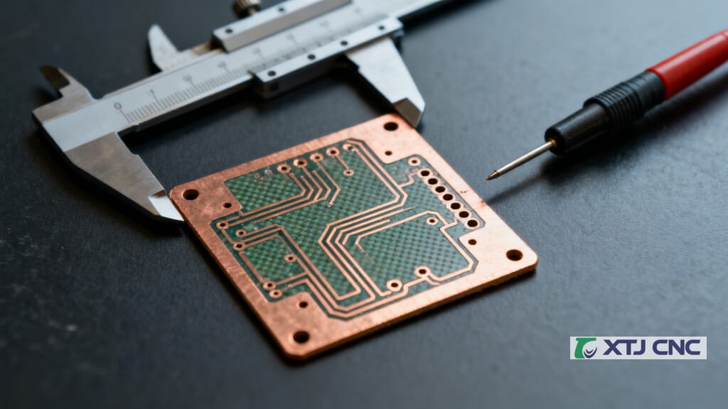Milled PCB prototype beside calipers and continuity tester