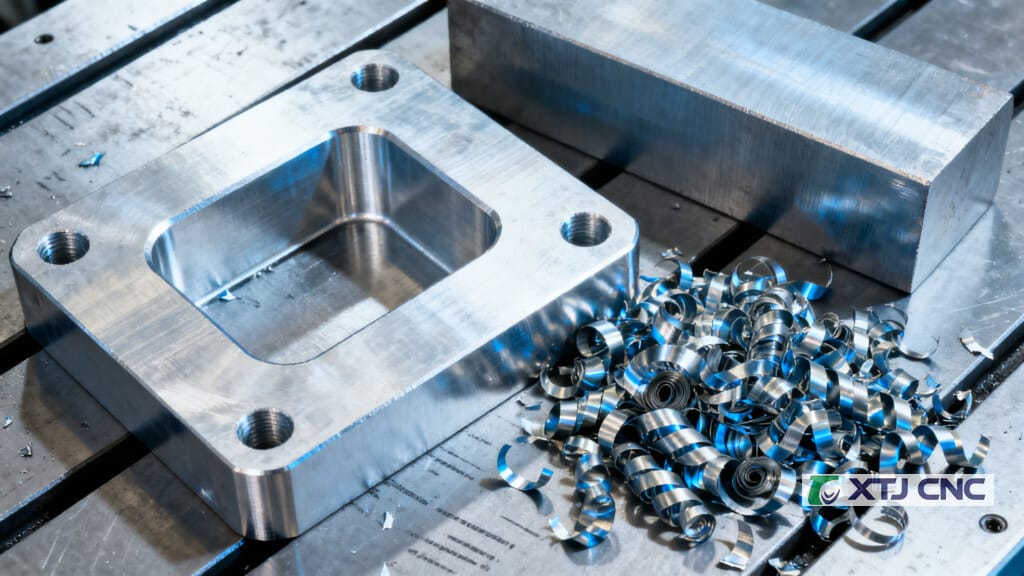 Milled pocketed part beside chips and oversized billet