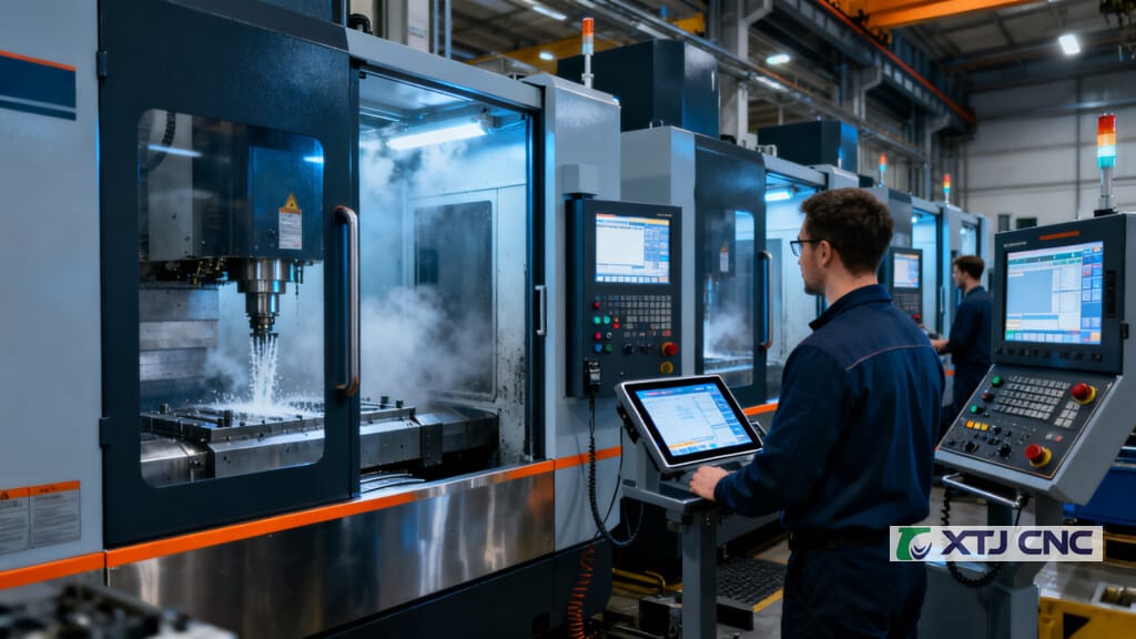 Modern CNC shop with machines running and operators monitoring screens