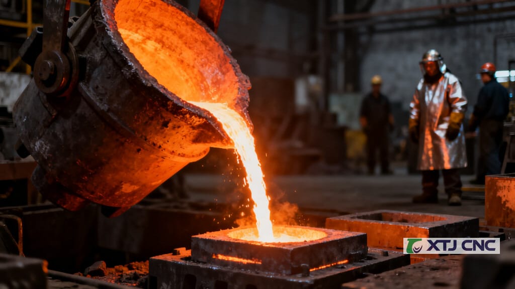 Molten bronze being poured from a crucible into a mold