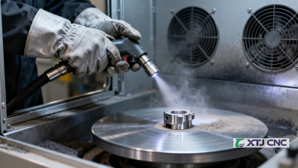 Operator bead blasting a part inside a lit cabinet