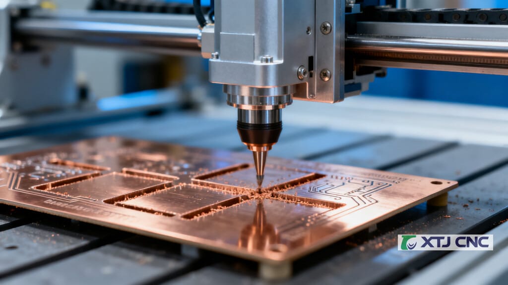 PCB CNC mill cutting isolation grooves in copper board
