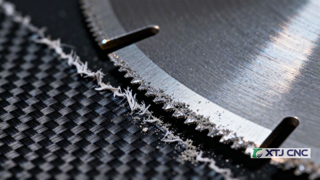 PCD tool edge beside carbon fiber laminate surface