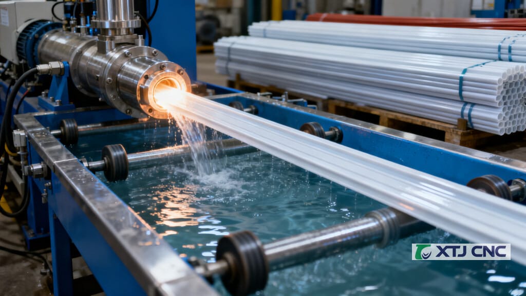 Plastic extrusion line with profile entering cooling bath