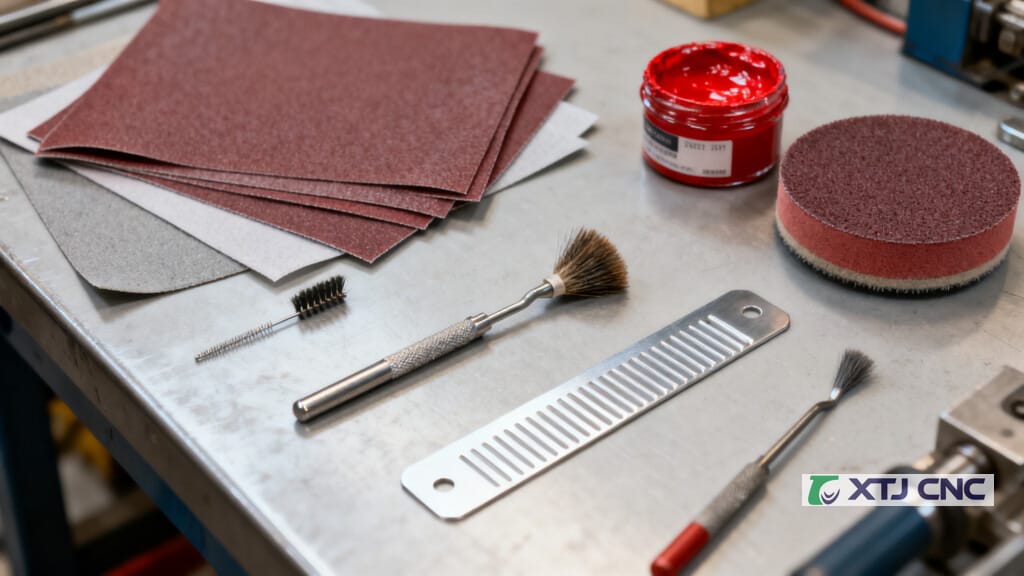 Polishing abrasives, brushes, and compounds beside a grooved coupon