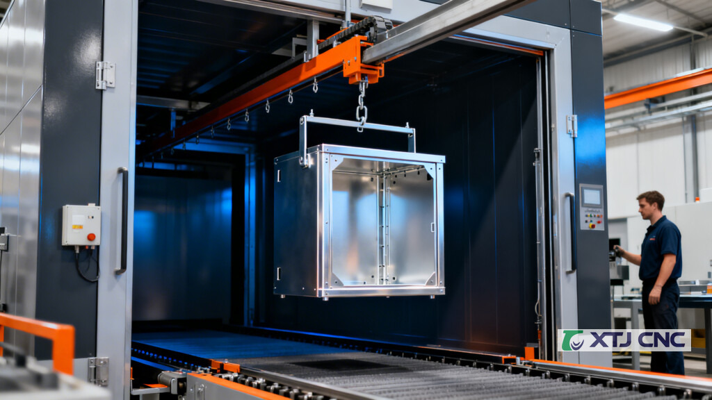 Powder-coated aluminum parts on conveyor near curing oven