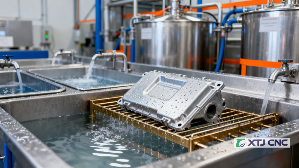 Pretreatment tanks and rinse stations with racked aluminum parts