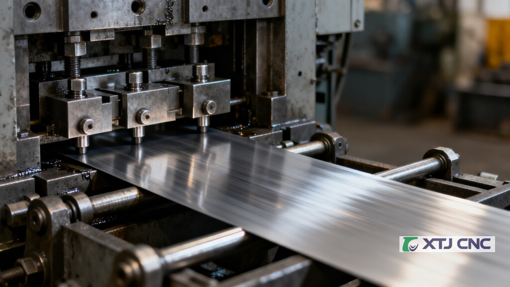 Progressive stamping die with sheet metal strip feeding through stations