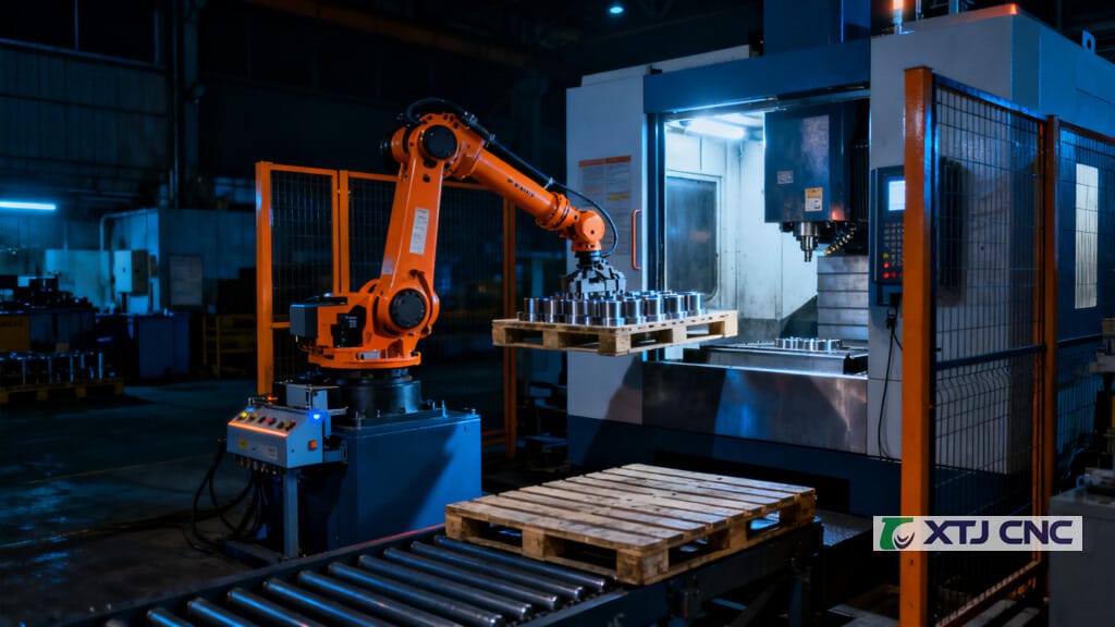 Robot loading parts into CNC machine in lights-out cell