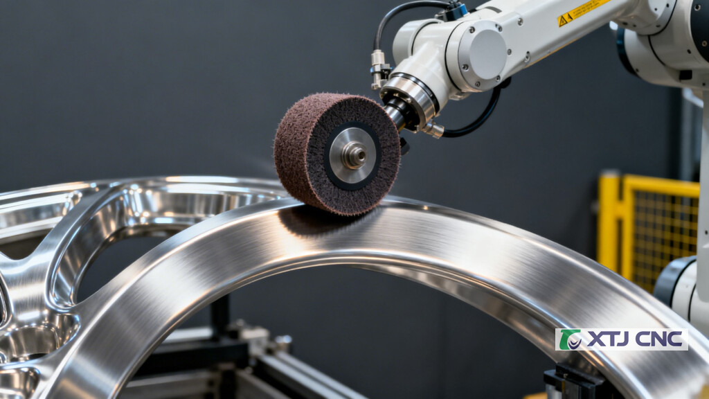 Robotic arm satin-finishing a curved stainless steel part