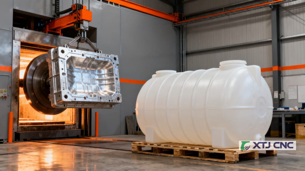 Rotational molding equipment and a seamless plastic tank