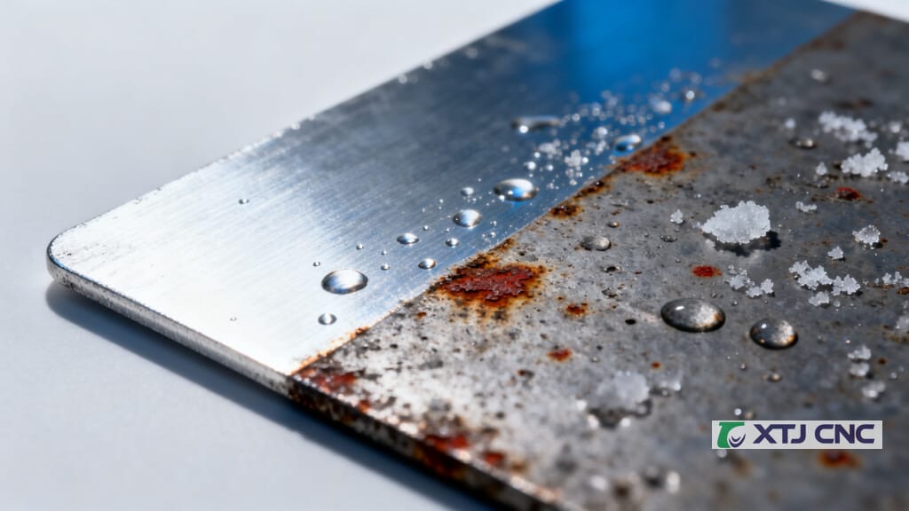 Salt-spray coupon showing corrosion difference with aluminum coating