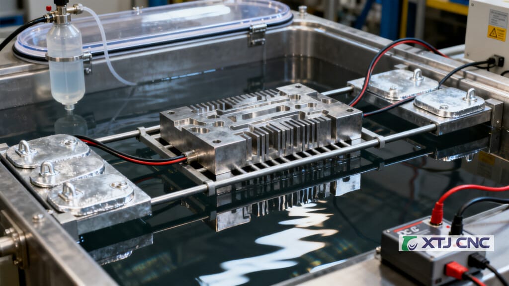 Sealed aluminum plating tank with anodes and racked workpiece