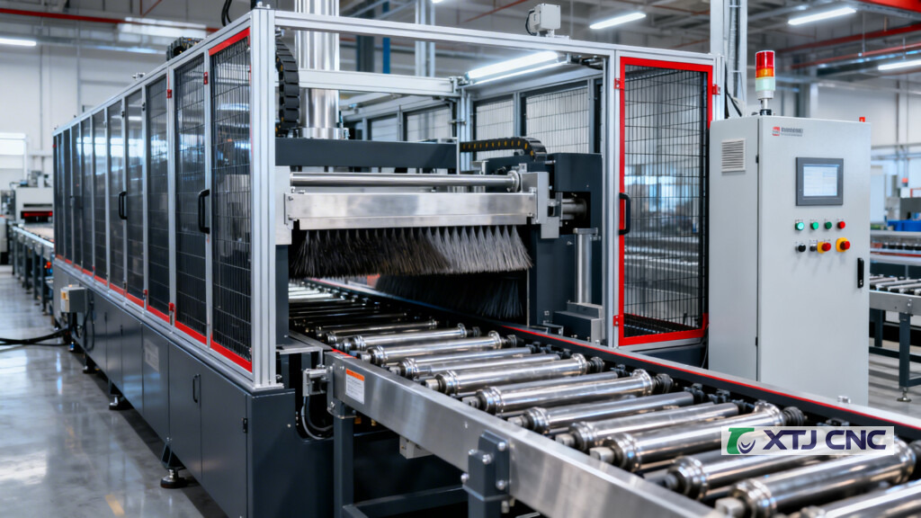 Semi-automated brushing line with conveyor and guarded station