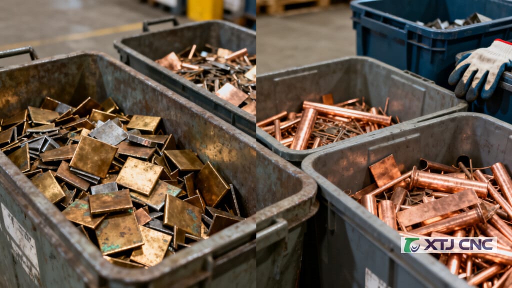 Separated bins of bismuth bronze scrap and other copper alloys