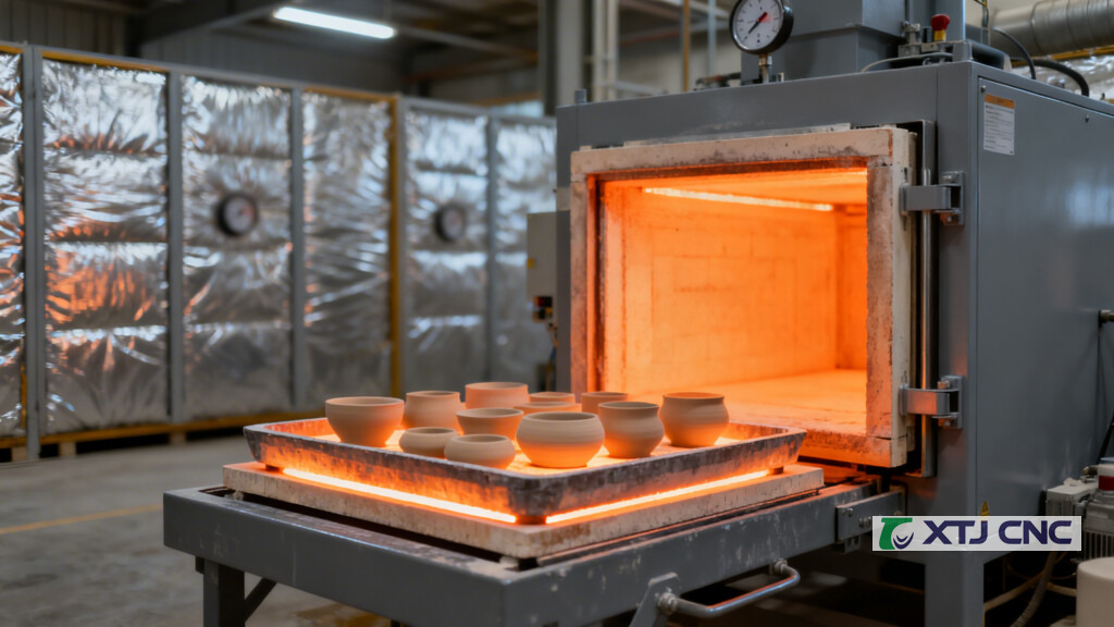 Sintering furnace heat-treating ceramic parts on tray