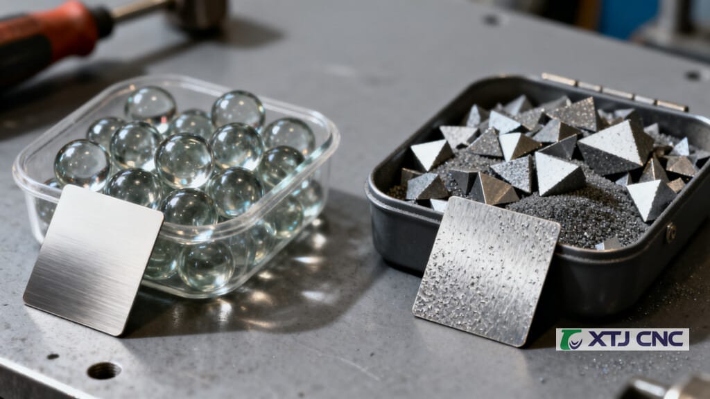 Spherical beads and angular grit with different surface finishes