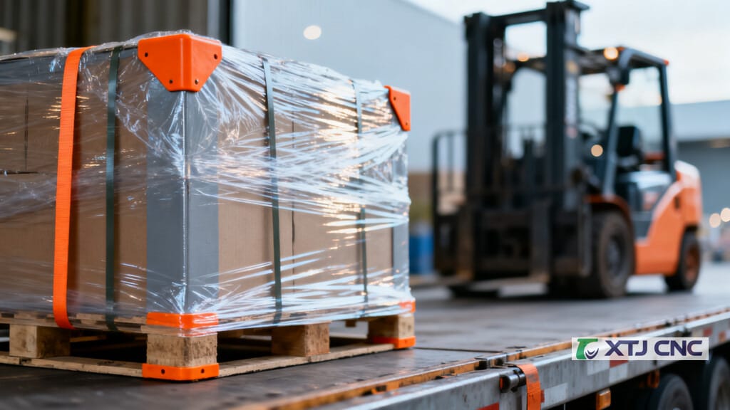 Stretch-wrapped pallet secured with straps on a shipping dock