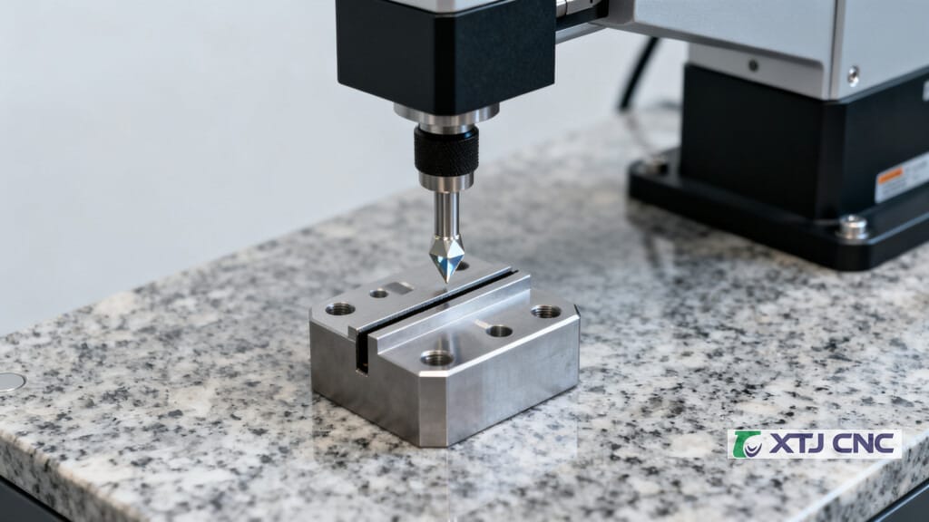 Stylus profilometer measuring roughness on a grooved metal part