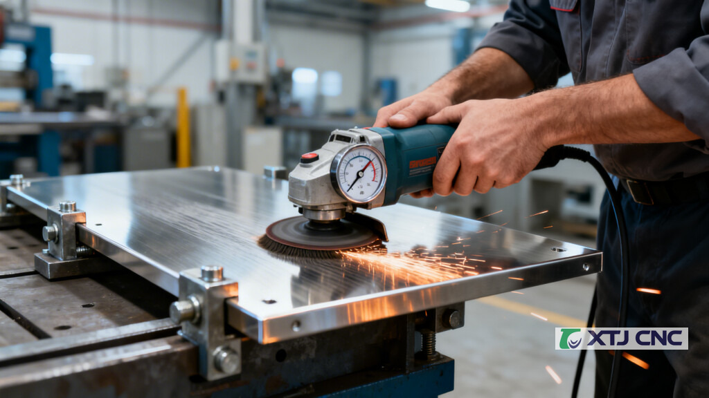 Technician brushing stainless panel with monitored belt grinder