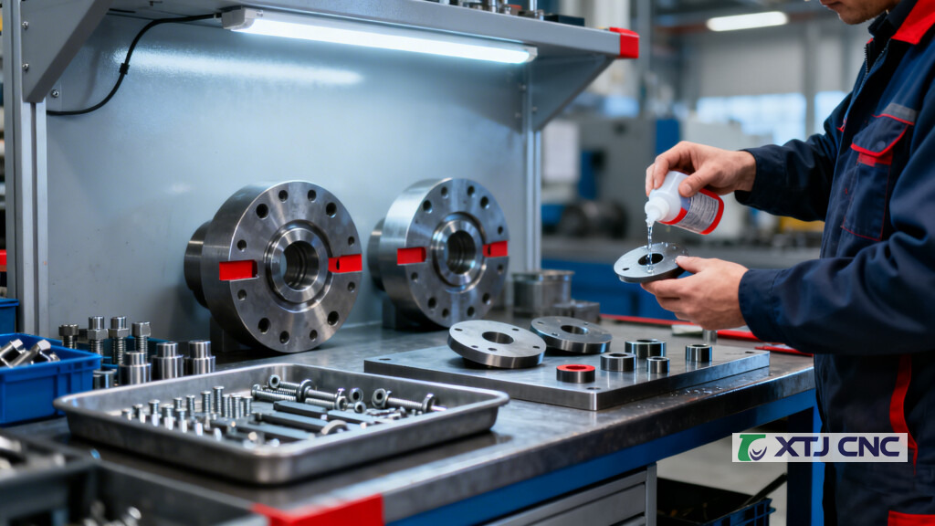Technician inspecting and maintaining die wear plates and guide bushings