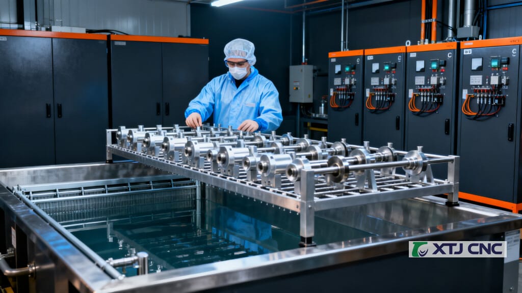 Technician inspecting parts on a rack above plating tank