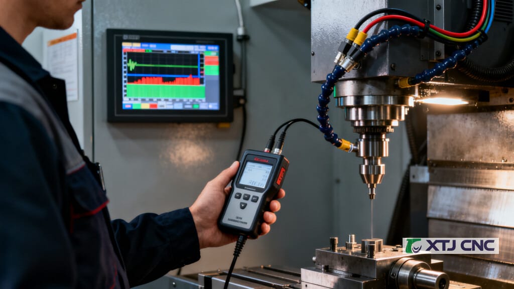 Technician measuring vibration for predictive maintenance on CNC machine
