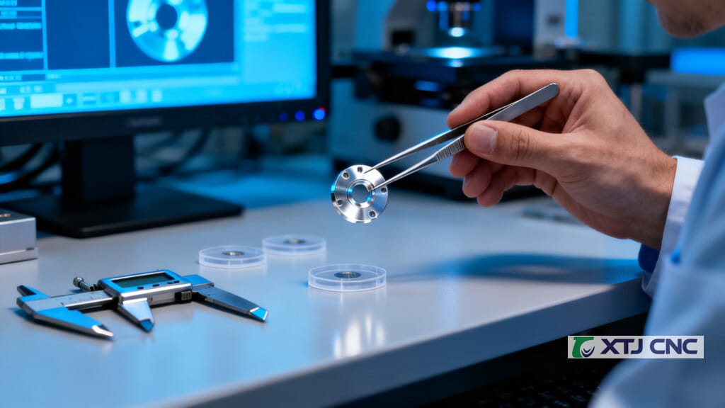 Technician preparing a plated part for microscopy inspection