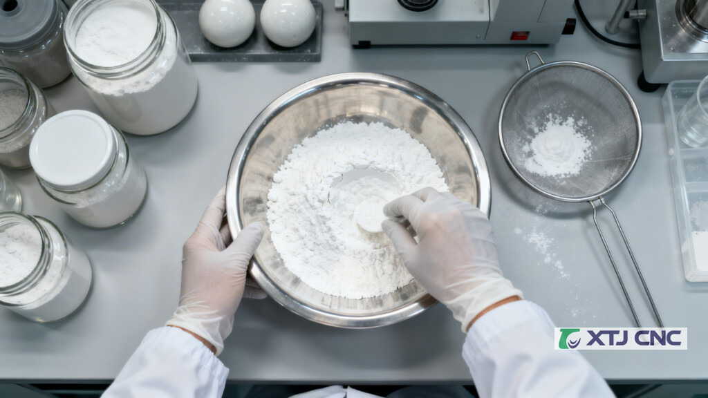 Technician preparing fine bioceramic powder for processing
