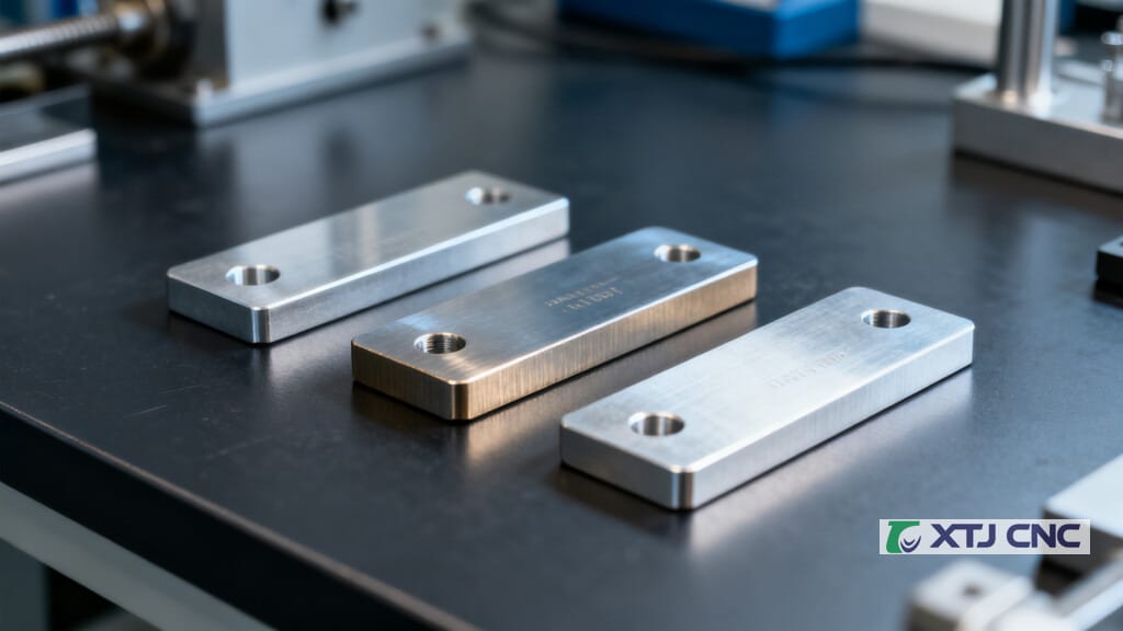 Three machined aluminum coupons arranged for temper comparison