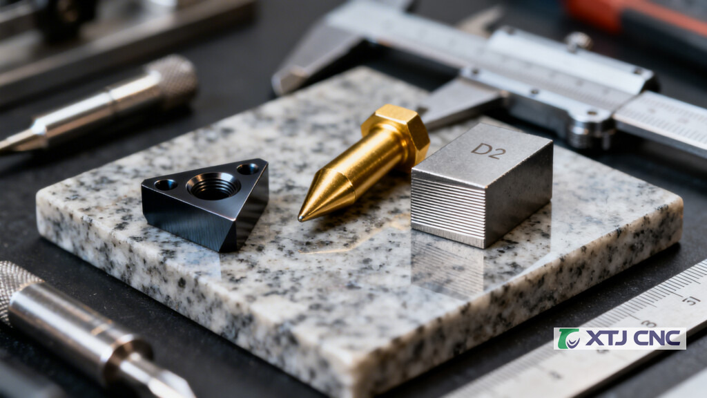 Tool steel blocks with TiN and DLC coated inserts on a surface plate