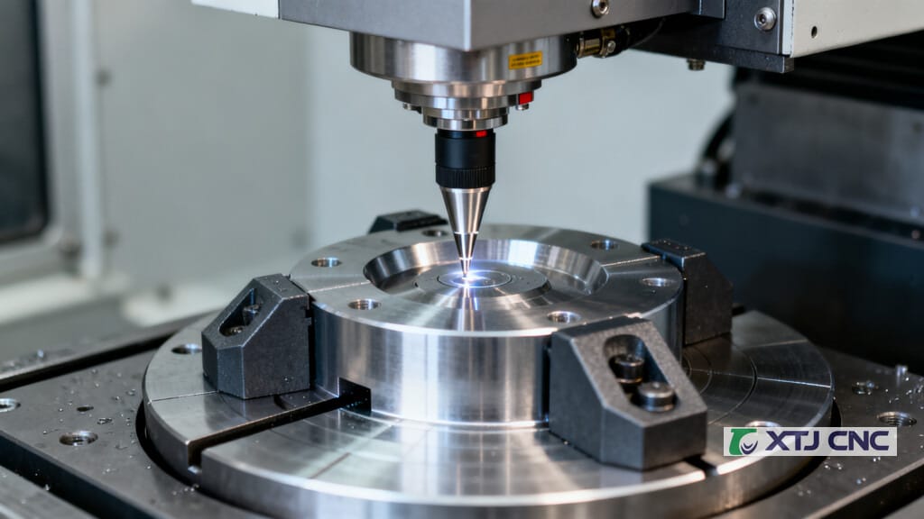 Touch probe measuring a datum on a part inside a 5-axis CNC