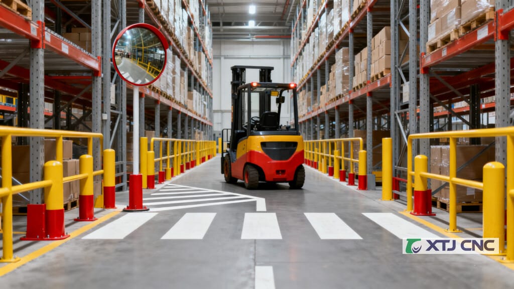 Warehouse aisle safety features with guardrails and marked walkways