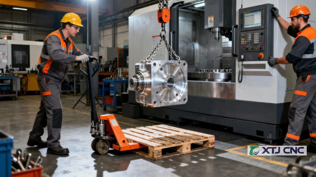Workers moving a metal component with pallet jack and hoist